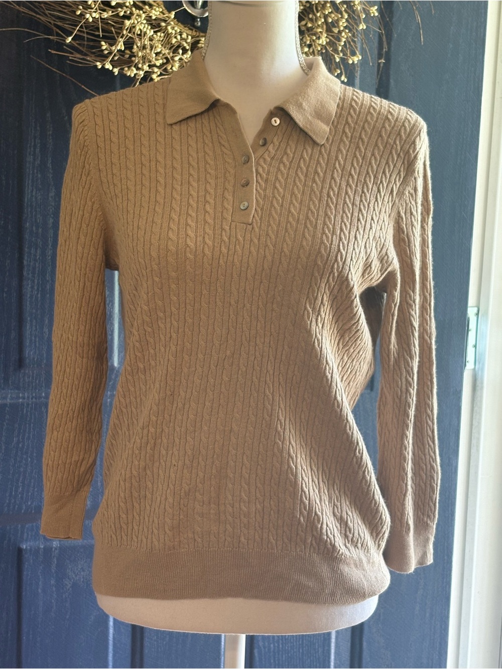 Brooks Brothers 346 Silk Cashmere Cable Knit Polo Sweater Tan M